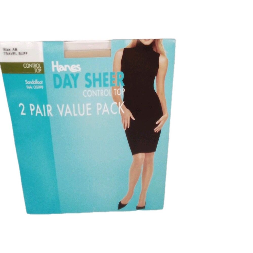 Hanes Day Sheer Control Top Sandalfoot Travel Buff Size AB pantyhose